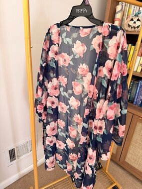 Floral Sheer Kimono Cover-Up — Navy with Pink Roses